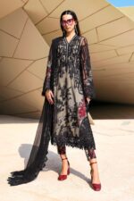 Maria B Unstitched Luxury Embroidered Lawn-7b black embroidered net 3 piece lawn suit with chiffon dupatta UK, full front look