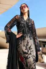 Maria B Unstitched Luxury Embroidered Lawn-7b black embroidered net 3 piece lawn suit with chiffon dupatta UK, shirt close look