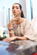 Maria B Unstitched Luxury Embroidered Lawn-8a ivory embroidered 3 piece lawn suit with chiffon dupatta UK, shirt neck closeup