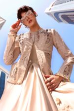 Maria B Unstitched Luxury Embroidered Lawn-8a ivory embroidered 3 piece lawn suit with chiffon dupatta UK, the coat of shirt