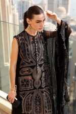 Maria B Unstitched Luxury Embroidered Lawn-8b black embroidered 3 piece lawn suit with chiffon dupatta UK, shirt closeup