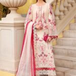 Maria B Unstitched Luxury Lawn-9a off-white & pink 3-piece suit with embroidered jacquard panels, stick-on pearls, and printed silk dupatta UK