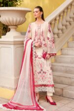 Maria B Unstitched Luxury Lawn-9a off-white & pink 3-piece suit with embroidered jacquard panels, stick-on pearls, and printed silk dupatta UK