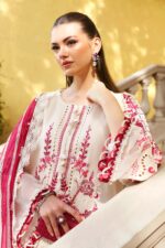 Maria B Unstitched Luxury Lawn-9a off-white & pink 3-piece suit with embroidered jacquard panels, stick-on pearls, and printed silk dupatta UK. shirt neck embroidery