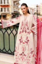 Maria B Unstitched Luxury Lawn-9a off-white & pink 3-piece suit with embroidered jacquard panels, stick-on pearls, and printed silk dupatta UK, front look