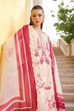 Maria B Unstitched Luxury Lawn-9a off-white & pink 3-piece suit with embroidered jacquard panels, stick-on pearls, and printed silk dupatta UK, front look with dupatta closeup