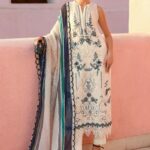 Maria B Unstitched Luxury Embroidered Lawn-9b off-white & blue 3-piece suit with embroidered jacquard panels, stick-on pearls, and printed silk dupatta UK