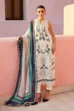 Maria B Unstitched Luxury Embroidered Lawn-9b off-white & blue 3-piece suit with embroidered jacquard panels, stick-on pearls, and printed silk dupatta UK