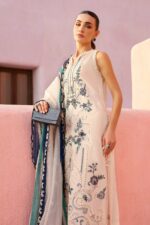 Maria B Unstitched Luxury Embroidered Lawn-9b off-white & blue 3-piece suit with embroidered jacquard panels, stick-on pearls, and printed silk dupatta UK
