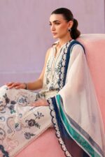 Maria B Unstitched Luxury Embroidered Lawn-9b off-white & blue 3-piece suit with embroidered jacquard panels, stick-on pearls, and printed silk dupatta UK