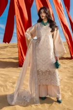 Rang Rasiya Embroidered Lawn Suit 2026 | MAYEL. A premium unstitched lawn suit featuring dyed organza embroidery on the front patti, sleeves, and dupatta.