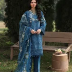 Sardinia - Tales of Petals - Luxury Lawn Suit - Blue Blossom - Unstitched 3PC Set. Showcasing Chikankari embroidery on lawn, organza neck motifs, and a printed net dupatta.