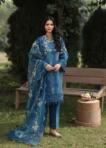 Sardinia - Tales of Petals - Luxury Lawn Suit - Blue Blossom - Unstitched 3PC Set. Showcasing Chikankari embroidery on lawn, organza neck motifs, and a printed net dupatta.