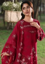 Sardinia - Tales of Petals - Luxury Lawn Suit - FLORAL FUCHSIA with chikankari embroidered lawn, hand-worked organza neckline and woven net dupatta, shirt closeup