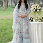 Sardinia - Tales of Petals - Luxury Lawn Suit - MORNING SKY with chikankari embroidered lawn, laser work panels, and woven net dupatta