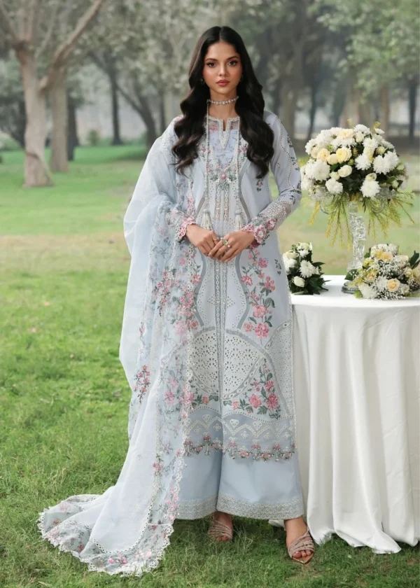 Sardinia - Tales of Petals - Luxury Lawn Suit - MORNING SKY with chikankari embroidered lawn, laser work panels, and woven net dupatta