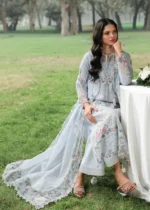 Sardinia - Tales of Petals - Luxury Lawn Suit - MORNING SKY with chikankari embroidered lawn, laser work panels, and woven net dupatta, closeup