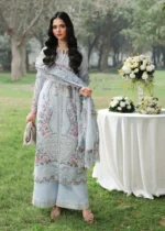 Sardinia - Tales of Petals - Luxury Lawn Suit - MORNING SKY with chikankari embroidered lawn, laser work panels, and woven net dupatta, front