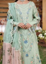 Sardinia - Tales of Petals - Luxury Lawn Suit - Summer Sage - Unstitched 3 Piece with Chikankari Embroidery & Organza Neck Patch | Zee Collections, front closeup