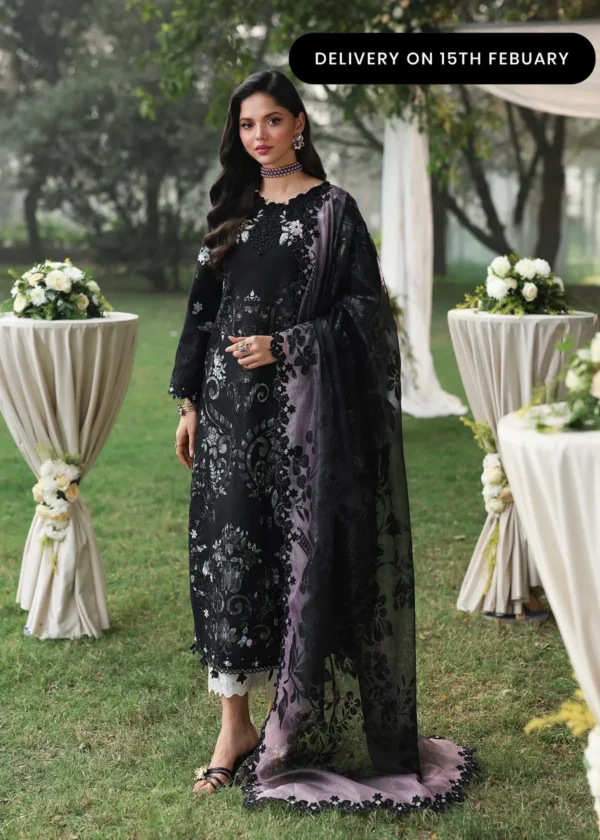 Sardinia - Tales of Petals - Luxury Lawn Suit - OCEAN WAVES with chikankari embroidered lawn panels, hand-worked organza neckline and woven net dupatta