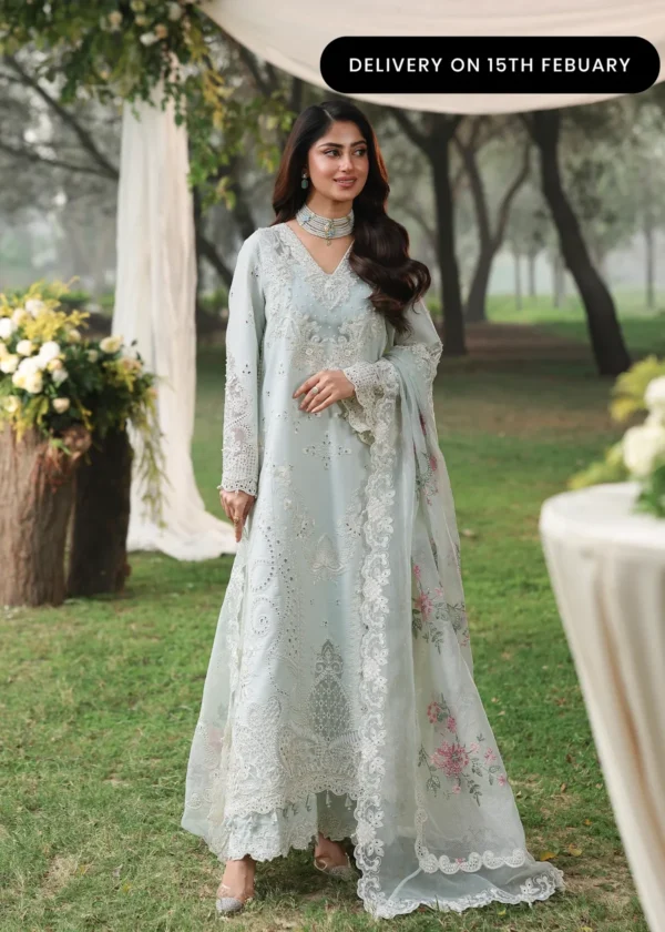 Sardinia - Tales of Petals - Luxury Lawn Suit - OCEAN WAVES with chikankari embroidered lawn panels, hand-worked organza neckline and woven net dupatta