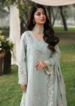 Sardinia - Tales of Petals - Luxury Lawn Suit - OCEAN WAVES with chikankari embroidered lawn panels, hand-worked organza neckline and woven net dupatta, shirt closeup