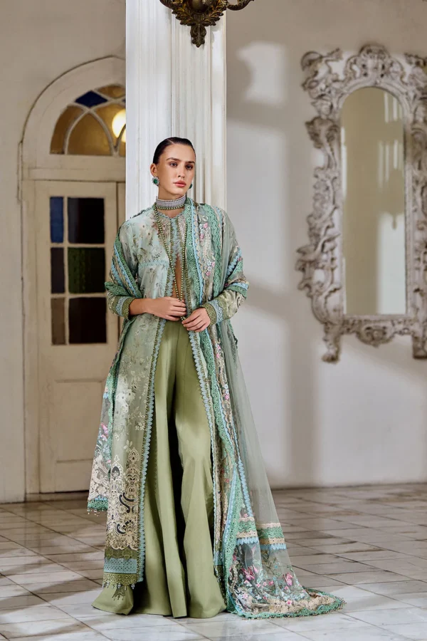 Sobia Nazir Unstitched Lawn Eid Edition-12a printed embroidered lawn front, back & sleeves with cotton trouser UK
