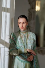 Sobia Nazir Unstitched Lawn Eid Edition-12a printed embroidered lawn front, back & sleeves with cotton trouser UK, shirt closeup