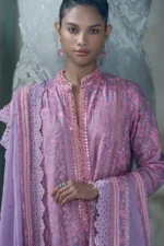 Sobia Nazir Unstitched Lawn Eid Edition-2a embroidered lawn suit with mirror work & chiffon dupatta UK, shirt closeup