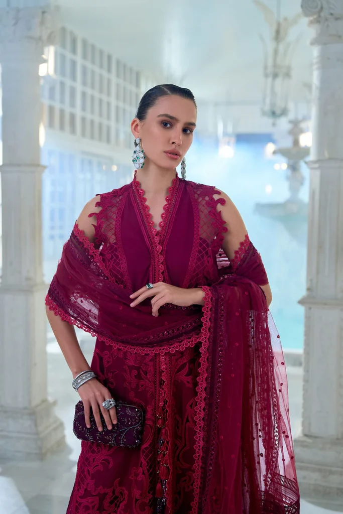 Sobia Nazir Unstitched Lawn Eid Edition-5a laser-embroidered lawn suit with net dupatta & cotton trouser UK, shirt closeup