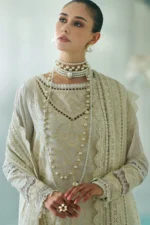 Sobia Nazir Unstitched Lawn Eid Edition-9a embroidered lawn suit with cotton trouser & printed dupatta UK, shirt closeup