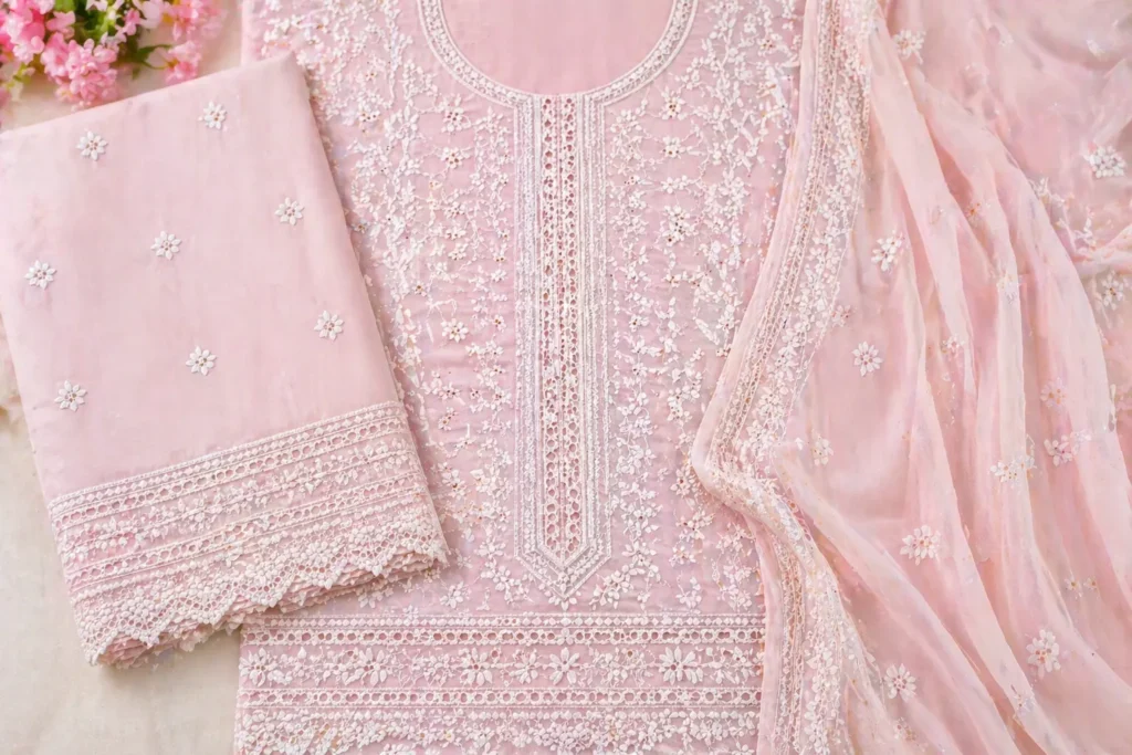 what is chicken kari lawn. pink chicken kari lawn suit with shirt, slawar and dupatta.