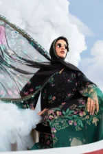 M/Basics 3 Pc Unstitched Embroidered Lawn Suit-MB-26-1B Maria B blue summer lawn suit with chiffon dupatta cambric trouser UK, close look in sitting position