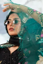 M/Basics 3 Pc Unstitched Embroidered Lawn Suit-MB-26-1B Maria B blue summer lawn suit with chiffon dupatta cambric trouser UK, model close look wearing dupatta