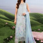 MBasics 3 Pc Unstitched Embroidered Lawn Suit-MB-26-10A sky blue Maria B lawn suit 2026 with chiffon dupatta embroidered neck patch Pakistani summer dress UK, full front look