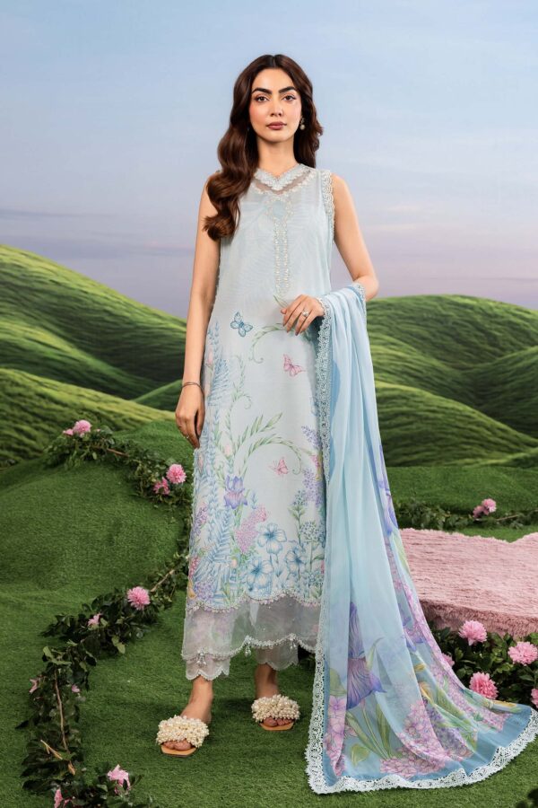 MBasics 3 Pc Unstitched Embroidered Lawn Suit-MB-26-10A sky blue Maria B lawn suit 2026 with chiffon dupatta embroidered neck patch Pakistani summer dress UK, full front look