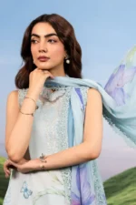 MBasics 3 Pc Unstitched Embroidered Lawn Suit-MB-26-10A sky blue Maria B lawn suit 2026 with chiffon dupatta embroidered neck patch Pakistani summer dress UK, shirt front design