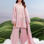 MBasics 3 Pc Unstitched Embroidered Lawn Suit-MB-26-10B pink Maria B lawn suit 2026 with chiffon dupatta embroidered neck patch Pakistani summer dress UK, full front look