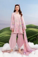 MBasics 3 Pc Unstitched Embroidered Lawn Suit-MB-26-10B pink Maria B lawn suit 2026 with chiffon dupatta embroidered neck patch Pakistani summer dress UK, full front look
