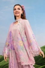MBasics 3 Pc Unstitched Embroidered Lawn Suit-MB-26-10B pink Maria B lawn suit 2026 with chiffon dupatta embroidered neck patch Pakistani summer dress UK, kameez side look