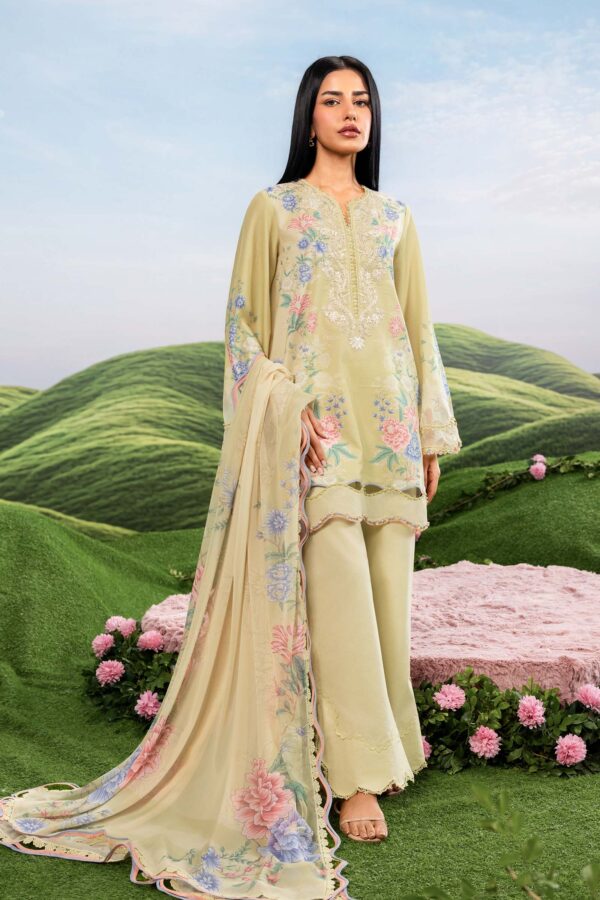 MBasics 3 Pc Unstitched Embroidered Lawn Suit-MB-26-11A light green Maria B lawn suit 2026 chiffon dupatta embroidered neck patch Pakistani summer dress UK, full front look