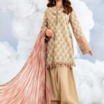 MBasics 3 Pc Unstitched Embroidered Lawn Suit-MB-26-12A beige Maria B lawn suit 2026 chiffon dupatta embroidered patti Pakistani summer dress UK, full front look