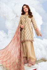 MBasics 3 Pc Unstitched Embroidered Lawn Suit-MB-26-12A beige Maria B lawn suit 2026 chiffon dupatta embroidered patti Pakistani summer dress UK, full front look
