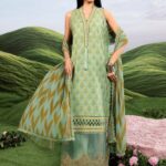 MBasics 3 Pc Unstitched Embroidered Lawn Suit-MB-26-12B green Maria B lawn suit 2026 chiffon dupatta embroidered patti Pakistani summer dress UK, full front look