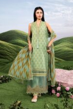 MBasics 3 Pc Unstitched Embroidered Lawn Suit-MB-26-12B green Maria B lawn suit 2026 chiffon dupatta embroidered patti Pakistani summer dress UK, full front look