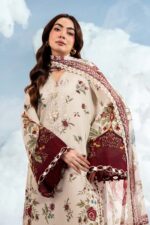 M/Basics 3 Pc Unstitched Embroidered Lawn Suit-MB-26-01A by Maria B in Skin colour – Spring Summer 2026 Lawn Collection, shirt neck style & sleeves close look