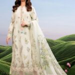MBasics 3 Pc Unstitched Embroidered Lawn Suit-MB-26-2A Maria B off white summer lawn suit with chiffon dupatta cambric trouser UK, full suit