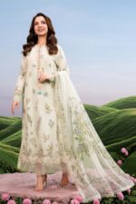 MBasics 3 Pc Unstitched Embroidered Lawn Suit-MB-26-2A Maria B off white summer lawn suit with chiffon dupatta cambric trouser UK, full suit