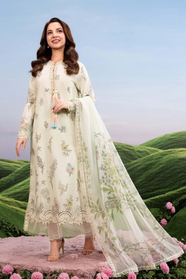MBasics 3 Pc Unstitched Embroidered Lawn Suit-MB-26-2A Maria B off white summer lawn suit with chiffon dupatta cambric trouser UK, full suit