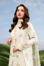 MBasics 3 Pc Unstitched Embroidered Lawn Suit-MB-26-2A Maria B off white summer lawn suit with chiffon dupatta cambric trouser UK, shirt close up